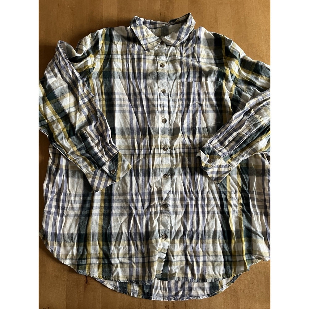 Sonoma Women's Top Flannel Sz 1x Soft‎ Blue Gray Yellow White Long Sleeve
